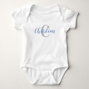 Custom Blue Name and Gray Initial Baby T-Shirt Bodysuit