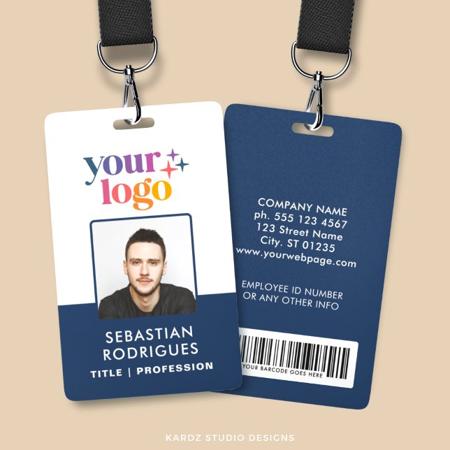 Custom Blue Name Logo Photo Barcode Employee Badge (Personalize this double sided badge with logo, name, title, barcode and business info.)