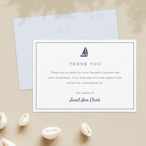 Custom Blue Nautical Sailboat Funeral Sympathy Thank You Card