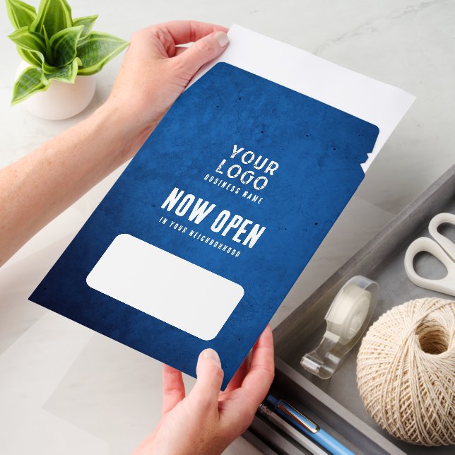 Custom Blue "Now Open" Business Envelope Mailer  (Desk)