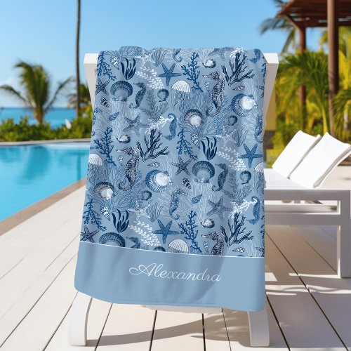 Custom Blue Ocean Sea Life Beach Towel