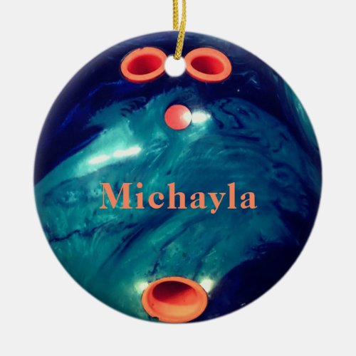 Custom Blue Orange Bowling Ball Christmas Ceramic Ornament