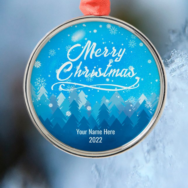 Custom Blue Peaceful Snow Forest Merry Christmas Metal Ornament (Creator Uploaded)