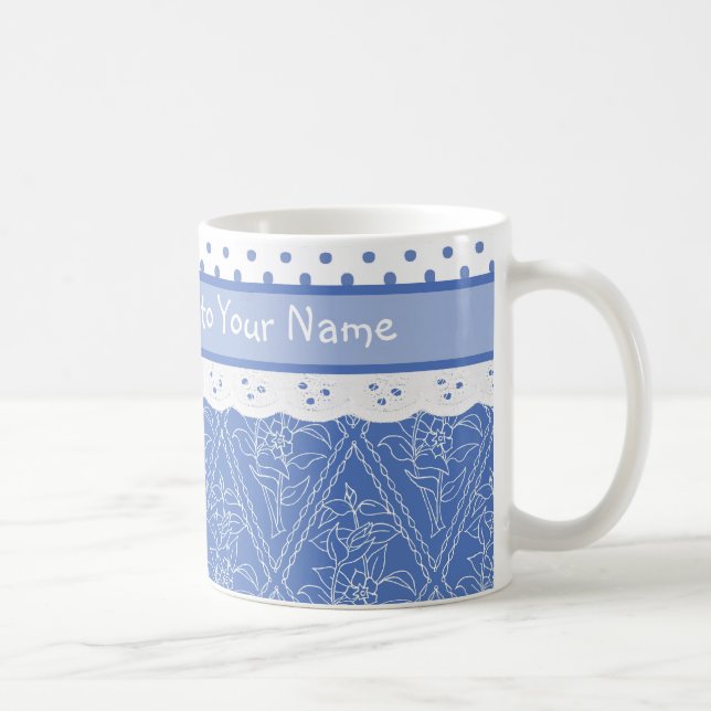 Custom Blue Periwinkles Polka Dots Faux Lace Coffee Mug (Right)