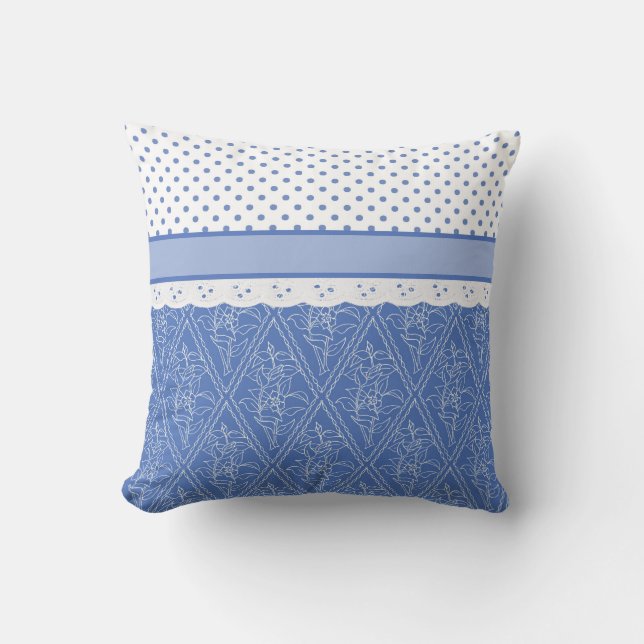 Custom Blue Periwinkles Polka Dots Faux Lace Throw Pillow (Front)