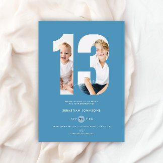 Custom Blue Photo Boys Number 13th Birthday Invitation