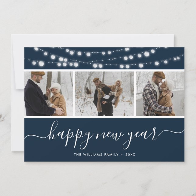 Custom Blue Photo Collage Happy New Year Card (Front)