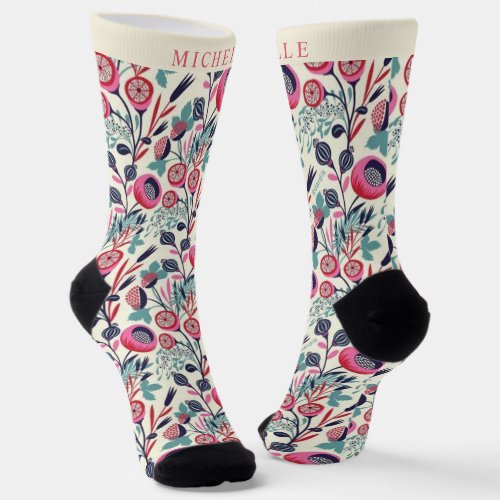 Custom Blue Pink Floral White Flowers Socks