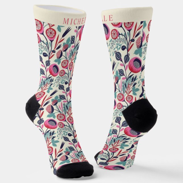 Custom Blue Pink Floral White Flowers Socks (Angled)