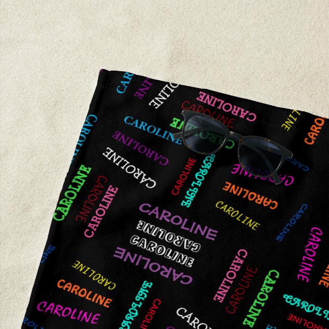 Custom Blue Pink Green Orange Purple Names Black Beach Towel (In Situ)