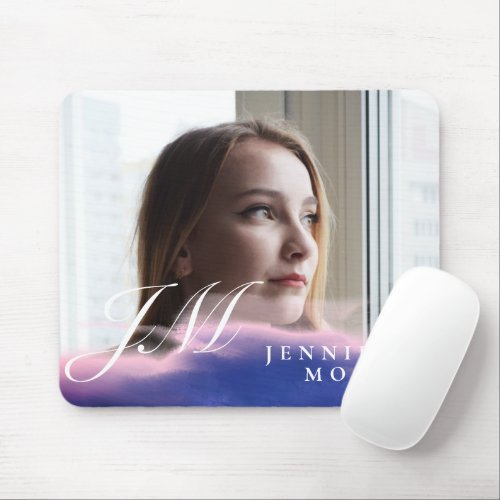 Custom Blue Pink Watercolor Photo Monogrammed Mouse Pad