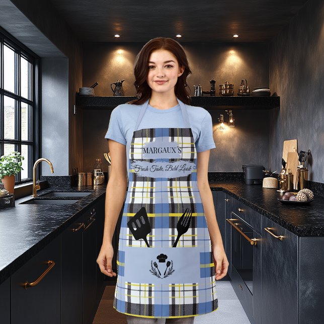 Custom Blue Plaid with Cooking Utensils Pocket Apron (Creator Uploaded)