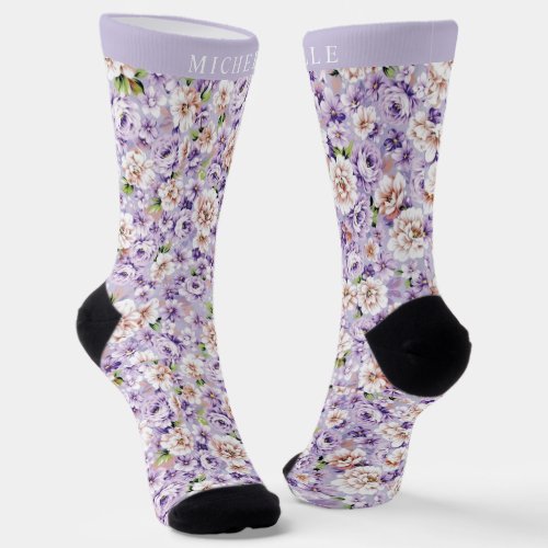 Custom Blue Purple Floral White Flowers Socks