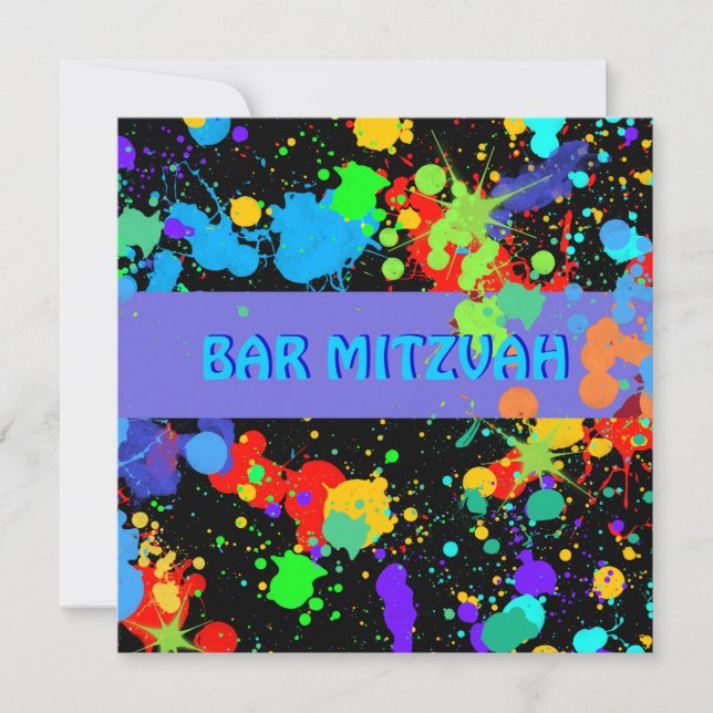 Custom, Blue, Purple Paint Splatter, Bar Mitzvah Invitation (Front)