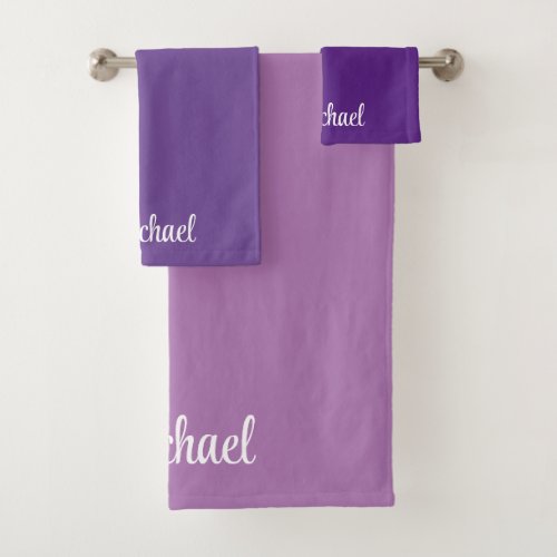 Custom Blue Purple Script Typography Name Template Bath Towel Set