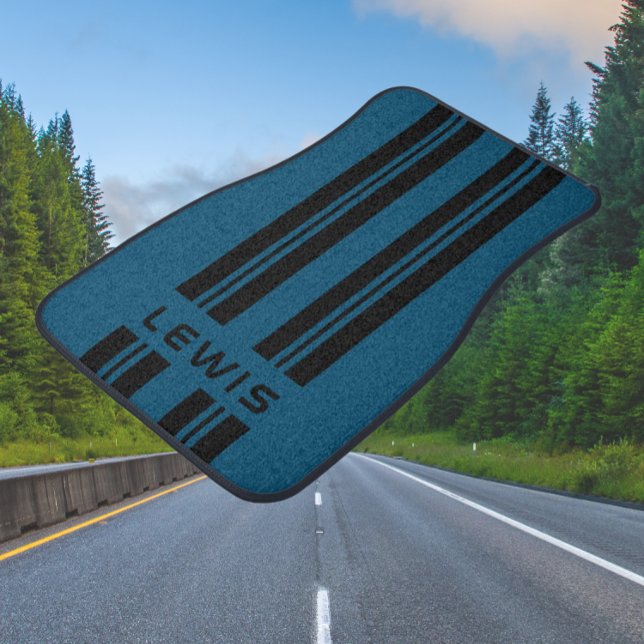 Custom Blue Racing Stripes Classic Personalized Car Floor Mat (personalised racing stripes blue car floor mat)