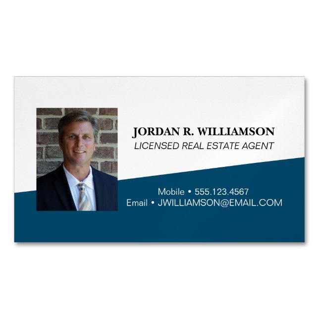 Custom Blue Real estate agent contact info Photo Business Card Magnet (Front)