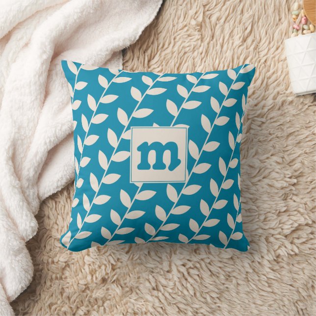 Custom Blue Retro Leaf Pattern Monogram Throw Pillow (Blanket)