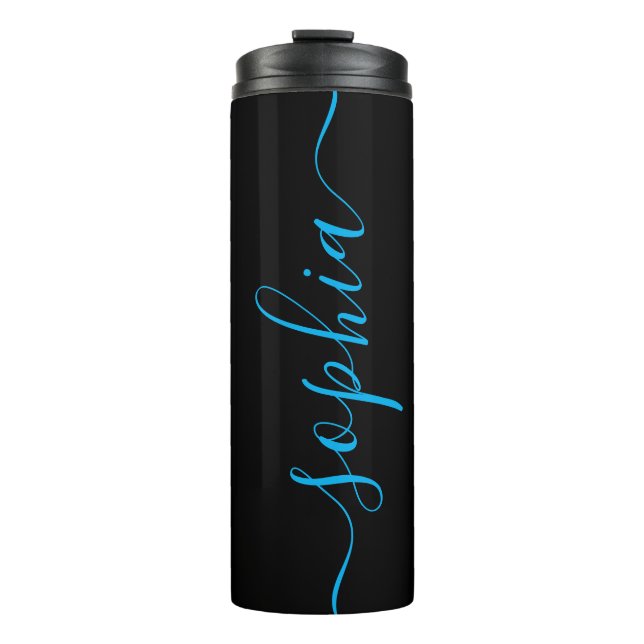 Custom Blue Script Name Black Thermal Tumbler (Front)