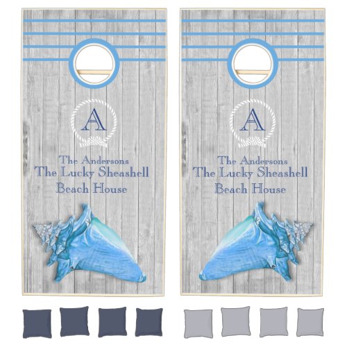 Custom Blue Seashell White Shell Coastal Gray Cornhole Set