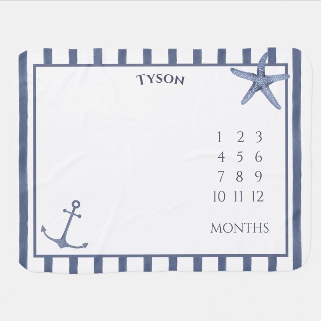 Custom Blue Seaside Baby Milestone Blanket (Horizontal)