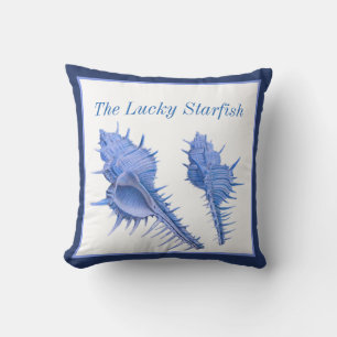 Custom Blue  Shells Nautical Seashell Watercolor Throw Pillow