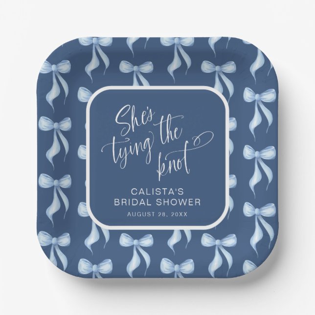 Custom Blue She's Tying the Knot Bridal Shower Paper Plates (Front)