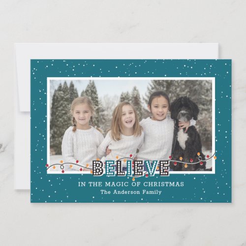 Custom Blue Snow Believe In the Magic Photo Holiday Card