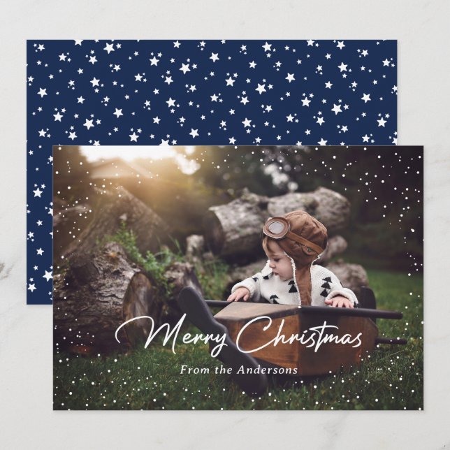 Custom Blue Snow Stars Photo Christmas Cards (Front/Back)