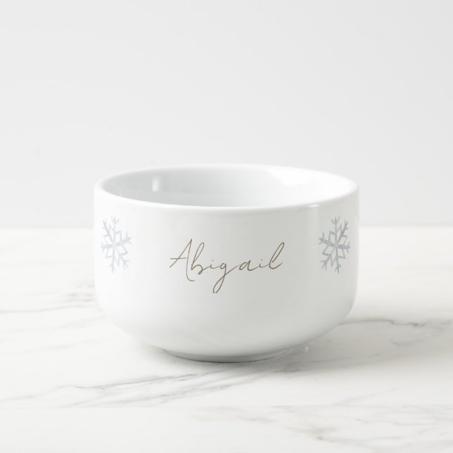 Custom Blue Snowflake Gold Script Name Bowl (Front)