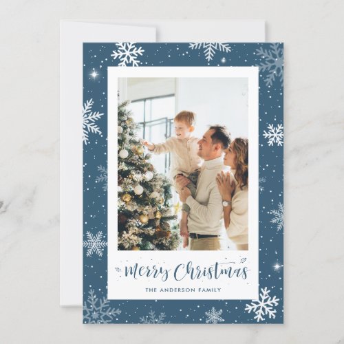 Custom Blue Snowflake Photo Christmas Cards
