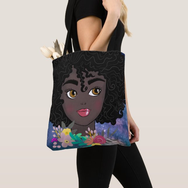 Custom blue Sorority Natural Hair Black Art Tote Bag (Close Up)