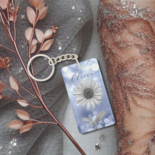 Custom Blue Sparkle Daisy Flower Keychain