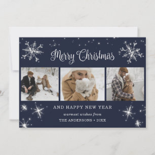 Custom Blue Sparkly Snowflake Photo Collage Holiday Card