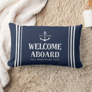 Custom Blue Striped Boat Nautical Welcome Aboard  Lumbar Pillow