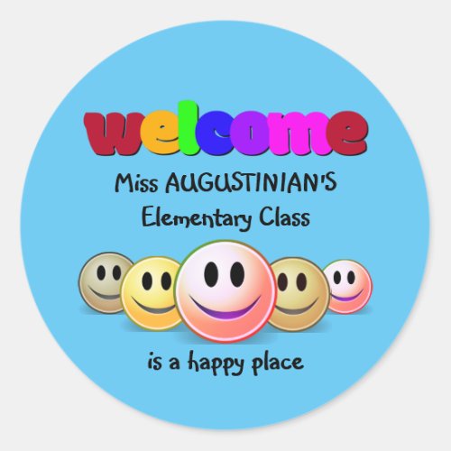 Custom Blue Teachers Class Welcome Classic Round Sticker