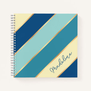 Custom Blue Teal Seafoam Green Yellow Gold Stripes Notebook