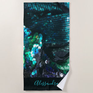 Custom Blue Teal Sequins Look Glamorous Fun Beach Towel