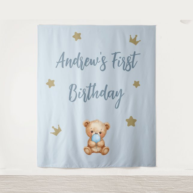 Custom Blue Teddy Bear Birthday Backdrop (Front)