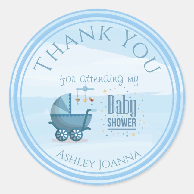 Custom Blue Thank You Baby Shower Classic Round Sticker (Front)