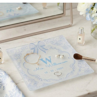 Custom Blue Toile Monogrammed Bridal Shower Trinket Tray