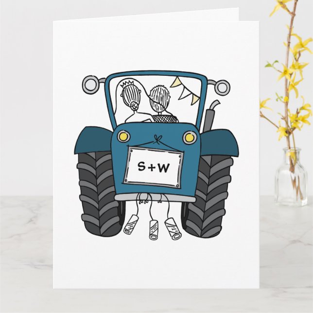 Custom Blue Tractor Country Barn Rustic Wedding Card (Yellow Flower)