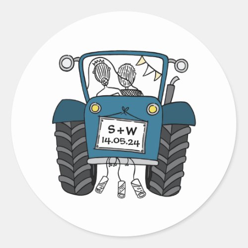 Custom Blue Tractor Country Barn Rustic Wedding Classic Round Sticker
