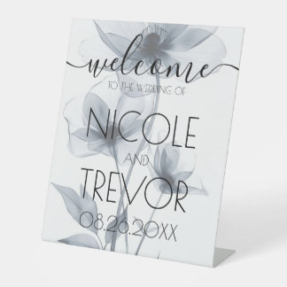 Custom Blue Translucent Flowers Welcome Wedding Pedestal Sign