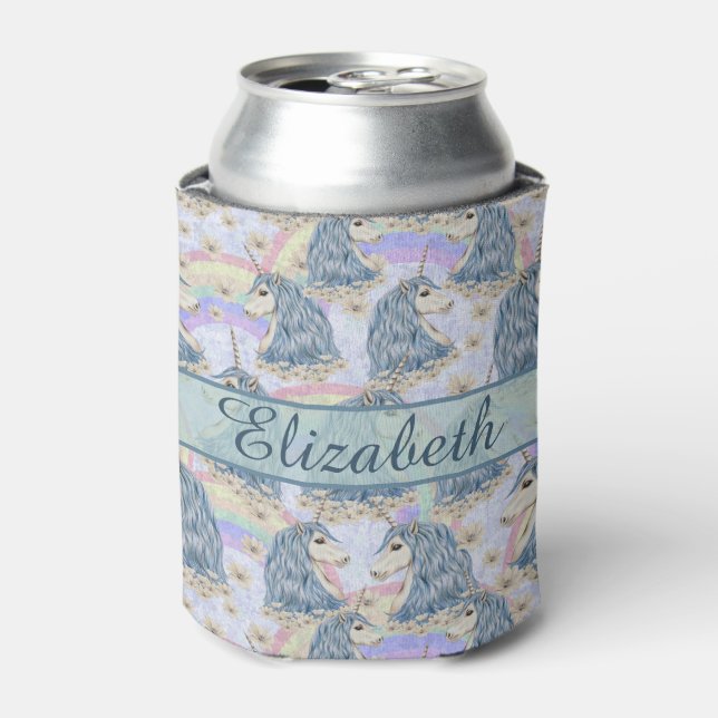 Custom Blue Unicorns to Personalize Can Cooler (Can Front)