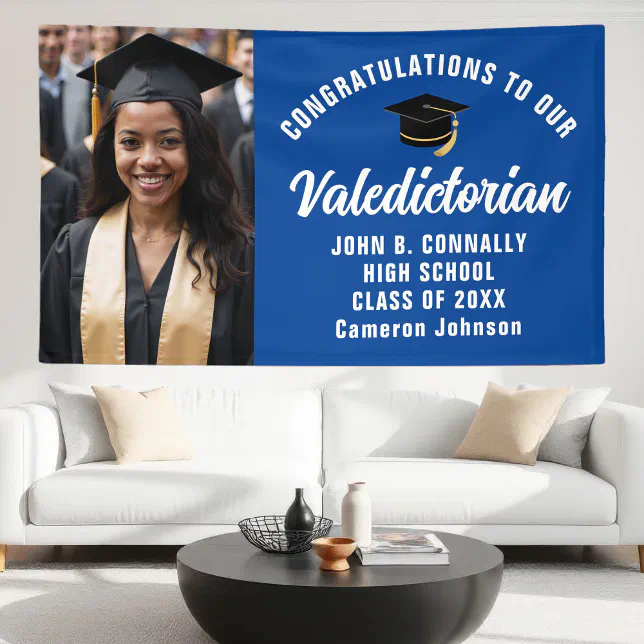 Valediction Sticker Custom Blue Valedictorian Photo Graduation Party Banner | Zazzle