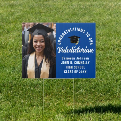 Custom Blue Valedictorian Photo Graduation Yard Sign