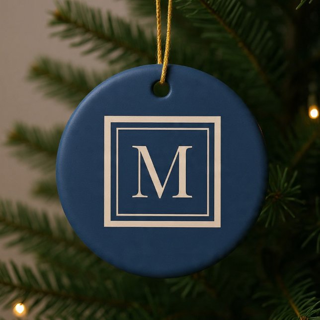 Custom Blue & Vanilla Framed Monogram Ceramic Ornament (Creator Uploaded)
