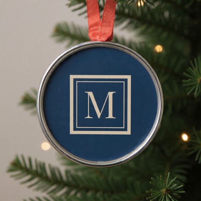 Custom Blue & Vanilla Framed Monogram Metal Ornament (Creator Uploaded)