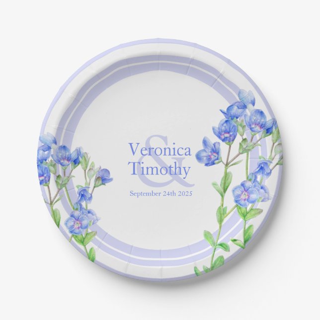 Custom blue Veronica Speedwell watercolor flower Paper Plates (Front)